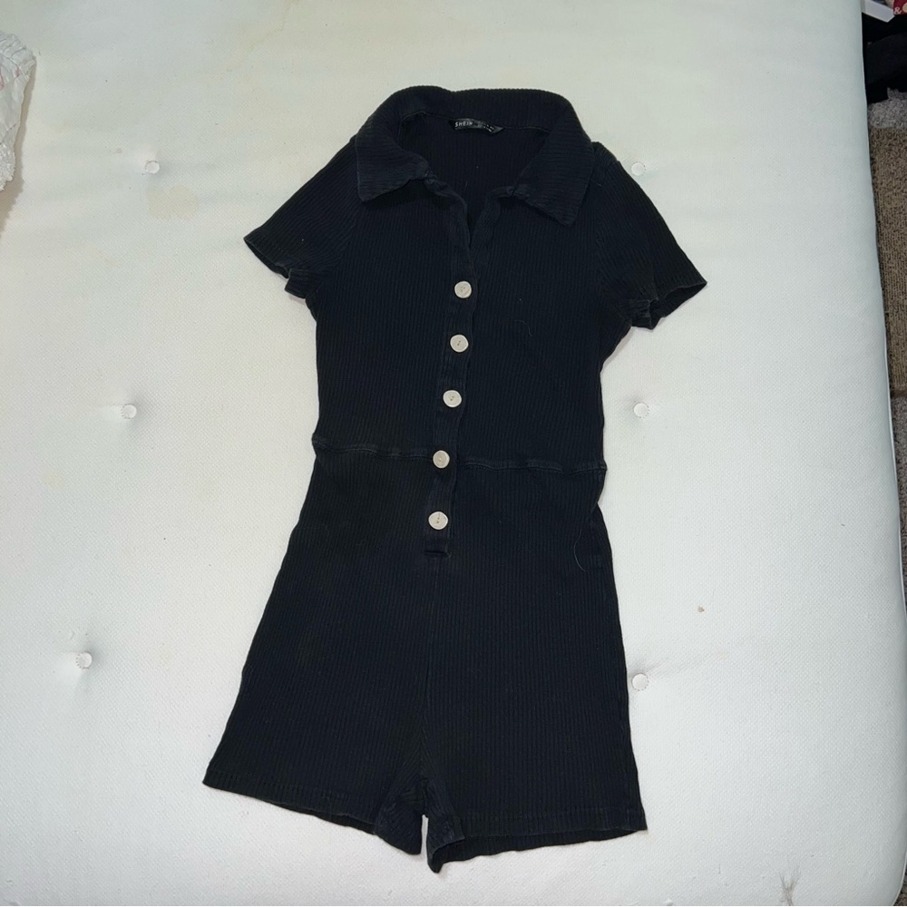LAST CHANCE Button Up Romper Black Ribbed Shorts